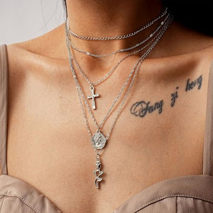 PLOUTOS Cross Coin Rose Layered Multi Chain Choker Necklace Set For Women Rhinestone Gold Silver Five Layer Adjustable Statement Fashion Chunky Boho Punk - color: Silver
