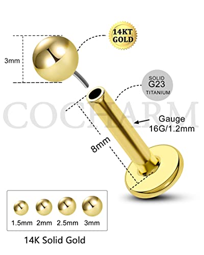 COCHARM 14K Solid Gold Helix Cartilage Tragus Earring Stud 16g Yellow Gold Threadless Tragus Cartilage Helix Conch Piercing Jewelry Flat Back Lip Labret Medusa Monroe Piercing Stud - color: 3mm Top, size: 8mm Length