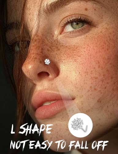 Sanfenly 12 PCS 20G Nose Rings Surgical Stainless Steel, L Shaped Nose Studs for Women Men, CZ Heart Butterfly Flower Leaf Moon Dangle Cute Nose Piercings Studs Screw Jewelry Pink/Purple/Blue/Clear - color: Clear
