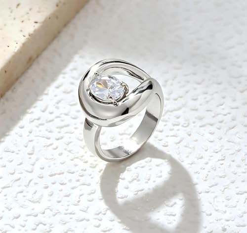 14K Gold Plated Ring for Women, Oval Cubic Zirconia Wrap Bands Ring, Chunky Dome Statement Ring Size 5 to 10 - color: Silver