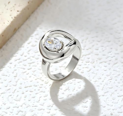 14K Gold Plated Ring for Women, Oval Cubic Zirconia Wrap Bands Ring, Chunky Dome Statement Ring Size 5 to 10 - color: Silver