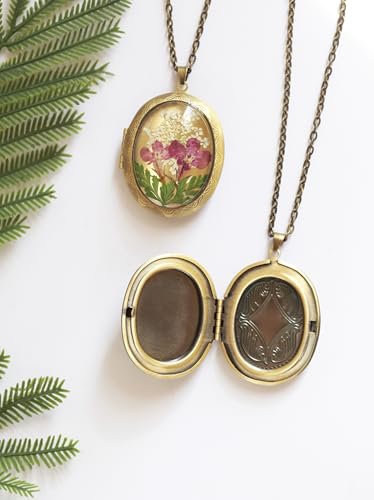 Handmade Oval Shaped Photo Locket with dried Pressed Flowers Locket pendant Necklace - style: Oval-Purple Lobelia