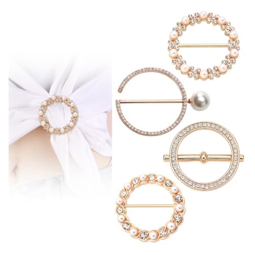 4PCS Scarf Ring Clip-T-Shirt Clip Clothes Corner Knotted Button for Women Fashion Rhinestone Round Circle Clip - color: Gold#1