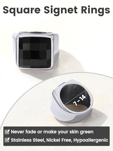 KeyStyle Square Gemstone Signet Rings for Men, Personalized Stainless Steel Pinky Ring with Black Onxy Blue Topaz Birthstone Statement Ring - color: 316L Stainless Steel-Black Onyx-15mm