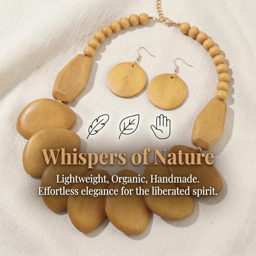 Coiris Chunky Wooden Necklace and Earring Set for Women Boho Statement Jewelry Ethnic Accessories - color: Beige