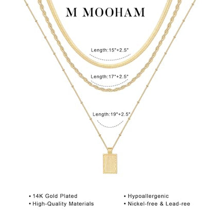 M MOOHAM Layered Gold Necklaces Stack for Women No Tarnish | 14K Gold Plated, Stackable Pendant Necklace Set, Snake Rope Cuban Paperclip Chain, CZ Coin Pendant, Dainty Jewelry Gifts - color: 3 Layered Snake Rope Square Pandent-Gold