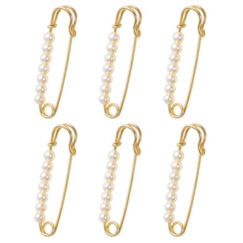 6 PCS Faux Pearl Brooch Pin Safety Pins Decorative for Women, Gold Pearl Pin for Clothes Pants Clips to Tighten Waist, Large Waist Extender Decorative Pins for Shawl Sweater Dress Hat Pants Wedding