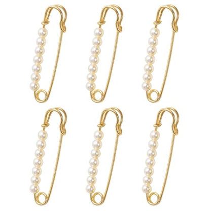 6 PCS Faux Pearl Brooch Pin Safety Pins Decorative for Women, Gold Pearl Pin for Clothes Pants Clips to Tighten Waist, Large Waist Extender Decorative Pins for Shawl Sweater Dress Hat Pants Wedding