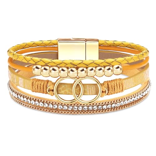 Bracelets for Women, Gifts for Mom Her Christmas Gift 2026 Leather Bracelets for Women Birthday Gift for Daughter Inspirational Wrap Bracelet Sister Friend Teen Girl Gift Layered Stocking Stuffers Jewelry - style: Lemon-Yellow