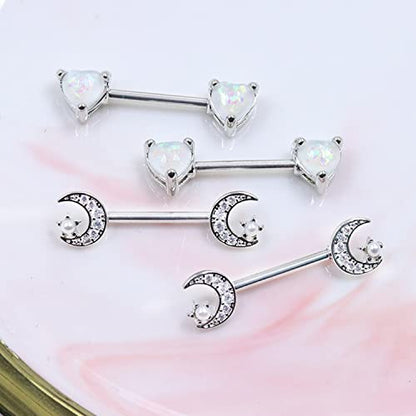 2PCS 14G Nipple Bars 316L Stainless Steel Nipple Barbell Ring Clear CZ Heart Nipple Rings Nipple Piercings Jewelry for Women - color: silver mix