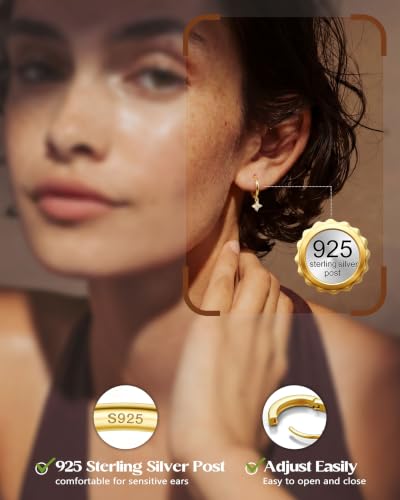 FIBO STEEL 14K Gold Plated Hoop Earrings with Charms for Women Huggie Hoops | Hypoallergenic 925 Sterling Silver Post Dangle Earrings Small Silver Gold Hoops Earring Cubic Zirconia Dangle Drop Jewelry - color: Clover - 14K Gold Plated