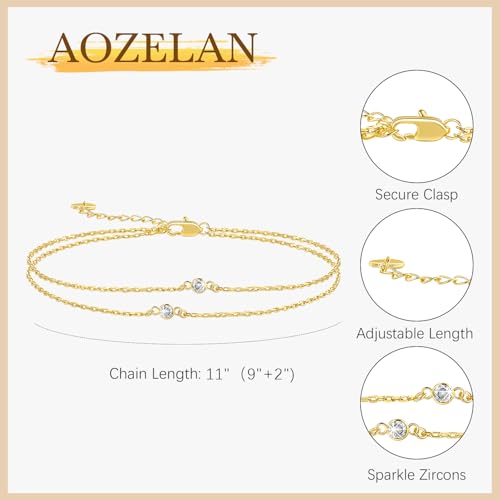 Gold Anklets for Women 14K Gold Ankle Bracelets for Women | Paperclip Gold Anklet Double-Layer with Cubic Zirconia Anklets for women Waterproof 11(9+2) Inches