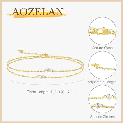 Gold Anklets for Women 14K Gold Ankle Bracelets for Women | Paperclip Gold Anklet Double-Layer with Cubic Zirconia Anklets for women Waterproof 11(9+2) Inches