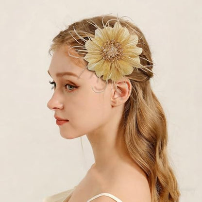 4" Crystal Feather Flower Brooch Pin for Women Girls Dainty Bright Satin Rhinestone Floral Brooches Lapel Hair Pins Elegant Wedding Cocktail Prom Party Hat Bag Suit Clothing Dress Accessories Jewelry Gift - color: Gold