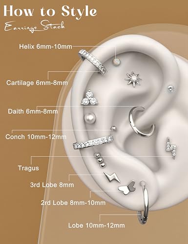 Flat Back Gold Earrings for Women Trendy Hypoallergenic Surgical Steel Earrings for Sensitive Ears-20G Cartilage Earring Stacks 14K Gold Plated Small Flatback Stud Hoops Cartilage Earring Set - color: Silver Plated