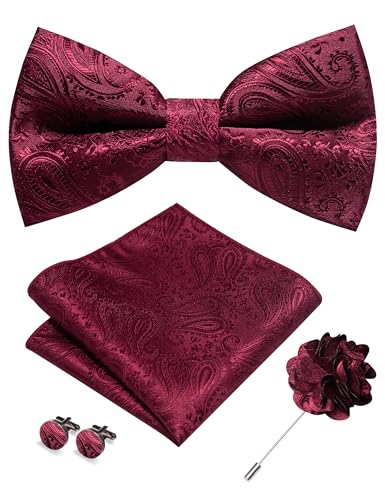 JEMYGINS Mens Paisley Bow Tie and Lapel Pin Necktie Pocket Square and Tie Clip with Sets for Business Casual 4PCS - color: Burgundy