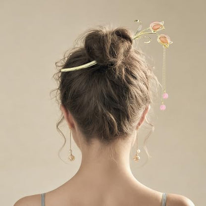 6Pcs Chinese Hair Sticks Set Pink Chinese Hair Sticks with Pearl, Butterfly & Flower Design, Japanese Hair Pin, Traditional Asian Hairpins for Bun Updo - color: 6pcs Pink
