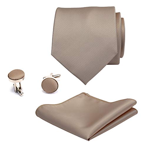 GUSLESON 3.15"（8cm） Solid Color Necktie and Pocket Square Cufflinks Sets For Men + Gift Box - color: Champagne