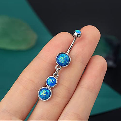 Cute Dangly Opal Belly Button Rings 14g 316L Stainless Steel Dangle Navel Rings for Women Belly Button Piercing Dangling Navel Bar - color: Blue Opal