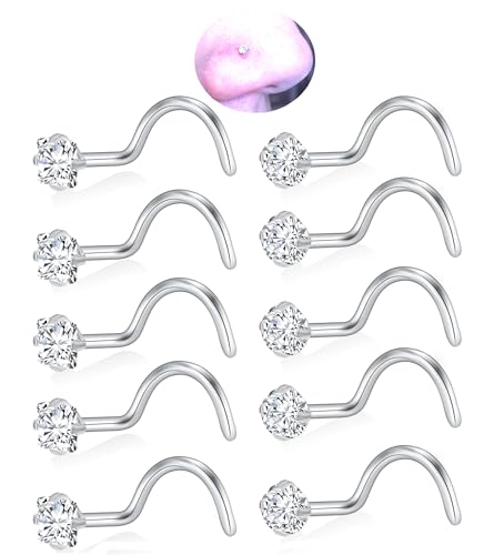 20G Nose Rings Studs for Women Corkscrew Sliver Nose Studs Hypoallergenic Nose Rings 316L Stainless Steel Nose Nostril Percing Jewely for Women Men Round Square CZ Imitation Diamond 1.5mm/2.0mm/2.5mm/3.0mm - style: 20G-corkscrew-sliver-2.5mm