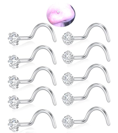 20G Nose Rings Studs for Women Corkscrew Sliver Nose Studs Hypoallergenic Nose Rings 316L Stainless Steel Nose Nostril Percing Jewely for Women Men Round Square CZ Imitation Diamond 1.5mm/2.0mm/2.5mm/3.0mm - style: 20G-corkscrew-sliver-2.5mm