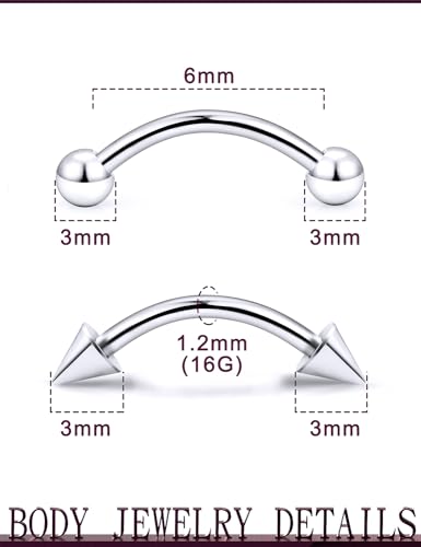 Jenxnjsjo 20/18/16g F136 Titanium Eyebrow Piercing Jewelry Rook Earring Vertical Labret Jewelry 6/8/10/12mm Curved Barbell for Women Men - size: 16g*6mm