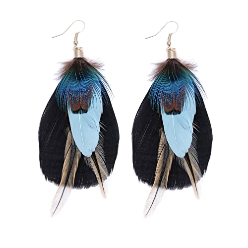 Bohemian Pheasant Peacock Long Feathers Statement Earrings Handmade Natural Lightweight Feather Dangle Earrings for Women (ea000071) - color: Short Black