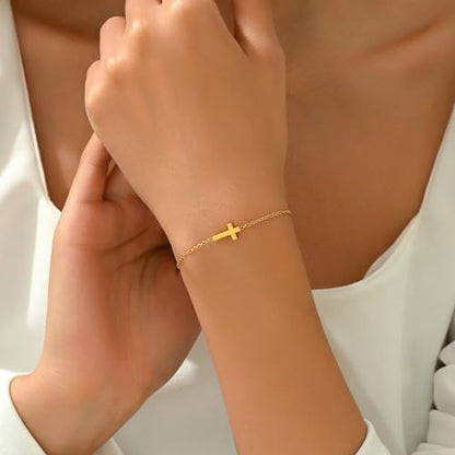 18K Gold Plated Pearl Beaded Cross Bracelets for Women Adjustable Stainless Steel Dainty Thin Gold Box Cuban Twisted Link Chain Bracelet Bridesmaid Jewelry Gifts - color: Tiny Cross-Gold