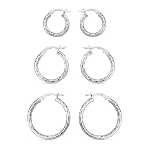 Charmsy Set of 3 Pairs 925 Sterling Silver Hoop Earrings for Women | Lightweight Italian 2.5mm Tube Diamond-Cut Classic Texured Click-Top Hoops Earring | Size 12/13/15/18/20/25mm - color: Silver-15/21/25mm