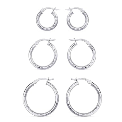 Charmsy Set of 3 Pairs 925 Sterling Silver Hoop Earrings for Women | Lightweight Italian 2.5mm Tube Diamond-Cut Classic Texured Click-Top Hoops Earring | Size 12/13/15/18/20/25mm - color: Silver-15/21/25mm