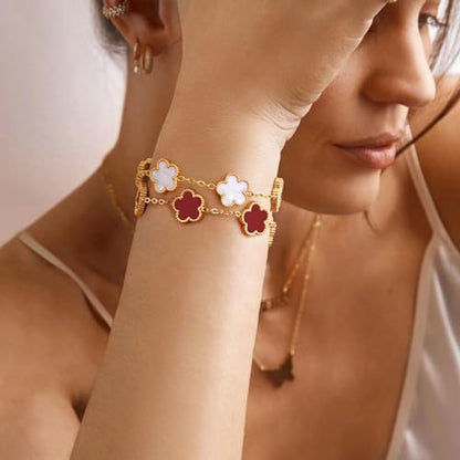 Women Gold Bracelets Jewelry Set - 3Pcs 18K Gold Plated Floral Bracelet,Stainless Steel Charm Bracelet Non-Tarnish,Adjustable Lucky Chain Trendy Gift,Christmas Valentines Birthday Gifts for Girlfriend - style: White&Red