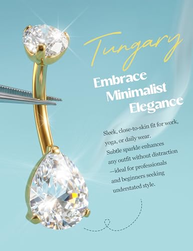 Tungary G23 Titanium Belly Button Rings for Women 14G Internally Threaded | Hypoallergenic Long Navel Piercing Jewelry, 3/8" Implant Grade Dangle Belly Button Piercing, 5A CZ, with Vacuum PVD Finish - color: Teardrop: 14K Gold Plated