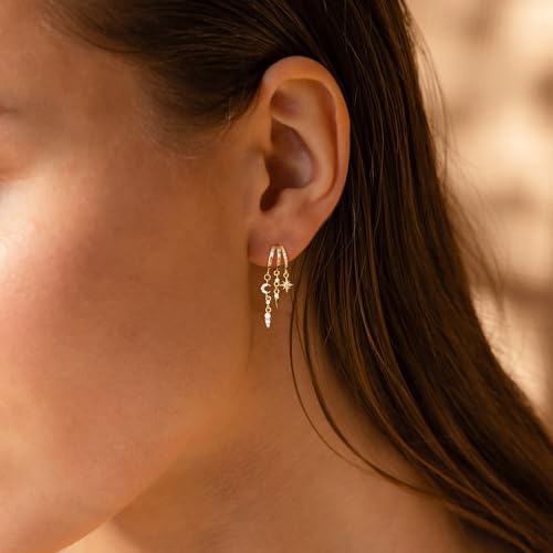 Dangle Earrings for Women,14k Gold Plated Triple Huggie Stud Earrings Cute Statement Chain Earring Dainty Drop Earrings for Women Trendy Gold Plated Jewelry - color: star-Gold