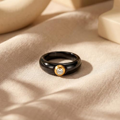 Women's Ceramic Wedding Band & Engagement Ring, Black/White - color: Black&Silver