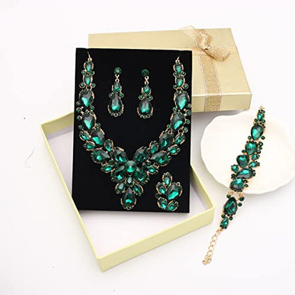 Women's Wedding Bridal Austrian Crystal Glass Teardrop Statement Necklace Dangle Earrings Bracelet Ring Wedding Party Jewelry Set for Bridal Bridesmaid - color: Green-Gold Plated