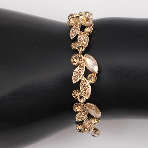 QLLYHLH Woman’s Brides Bridesmaid Leaf Choker Necklace Dangle Earrings Link Bracelet Austrian Crystal Wedding Jewelry Set Prom Costume Party Events | Brides, Bridesmaid, Prom, Events, Costume Party, Leaf - color: Champagne-Gold Plated