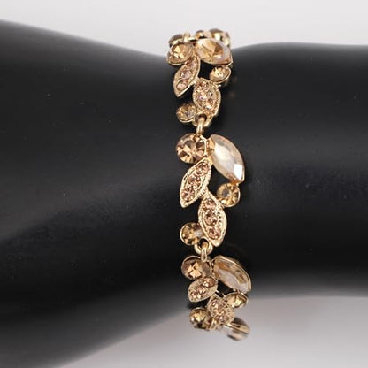 QLLYHLH Woman’s Brides Bridesmaid Leaf Choker Necklace Dangle Earrings Link Bracelet Austrian Crystal Wedding Jewelry Set Prom Costume Party Events | Brides, Bridesmaid, Prom, Events, Costume Party, Leaf - color: Champagne-Gold Plated
