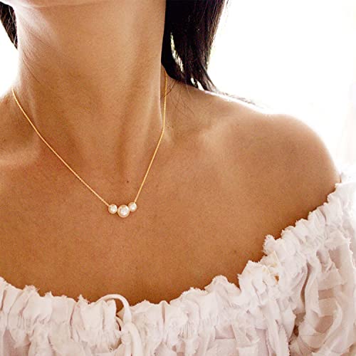 Gold Pearl Necklace For Women - 14K Gold Plated Layered Herringbone Chain Pearl Necklace, Trendy Simple Gold Jewelry Gift - color: Three Pearl-Gold