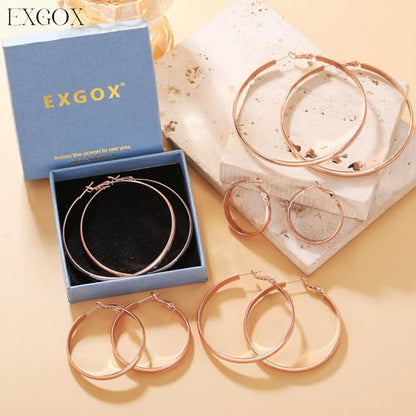 EXGOX 5mm Wide Gold Hoop Earrings for Women,Sterling Silver Hoop Earrings Large Silver Hoop Earrings Hypoallergenic Lightweight 14K Real Gold Plated Big Hoop Earrings for Women 30/40/50/60/70mm - color: Rose color 30MM