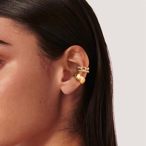 MEVECCO Ear Cuffs Non Piercing 18K Gold Plated Ear Cuff Earring Sets Clip on Cartilage Cubic Zirconia Pearl Minimalist Hypoallergenic Fake Hoop Earrings Stack Women Gifts - style: 3pcs-Chunky