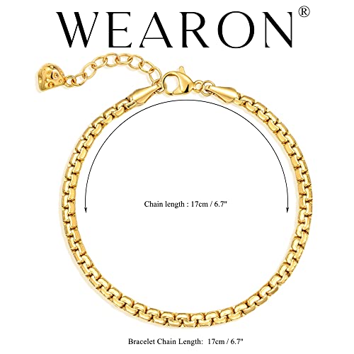 WEARON Gold Bracelet for Women 14K Gold Plated Snake Herringbone Figaro Cuban Bead Paperclip Cable Box Chain Simple Jewelry - style: Box Chain Thick