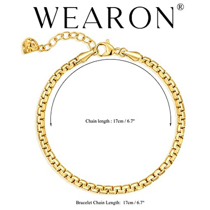 WEARON Gold Bracelet for Women 14K Gold Plated Snake Herringbone Figaro Cuban Bead Paperclip Cable Box Chain Simple Jewelry - style: Box Chain Thick