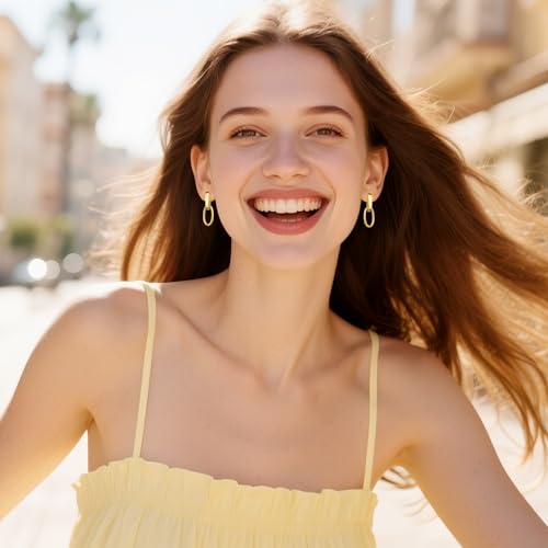 Silver Dangle Double Hoop Earrings For Women Paperclip Link Earring | Drop Small Silver Earrings Square Huggie Paperclip Dangly Hoop Silver Hoops Earrings Jewelry - color: 14K Gold