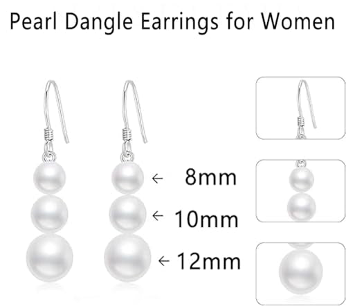 Faux Pearl Earrings for Women Dangling Sterling Silver Dangle Drop Earrings for Bridesmaids Bride 8/10/12mm