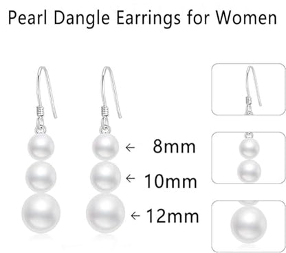 Faux Pearl Earrings for Women Dangling Sterling Silver Dangle Drop Earrings for Bridesmaids Bride 8/10/12mm