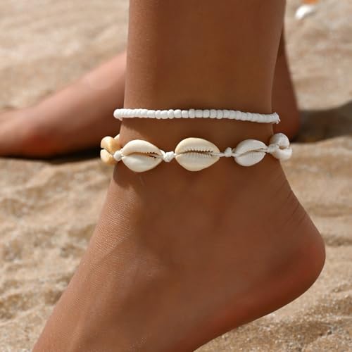 Qceasiy Starfish Ankle Bracelets for Women, Boho Beaded Beach Anklets Set | Gold-plated layered anklets in seashell, disc, and conch styles, with stretch or adjustable fits for summer beach outfits. - color: White 4