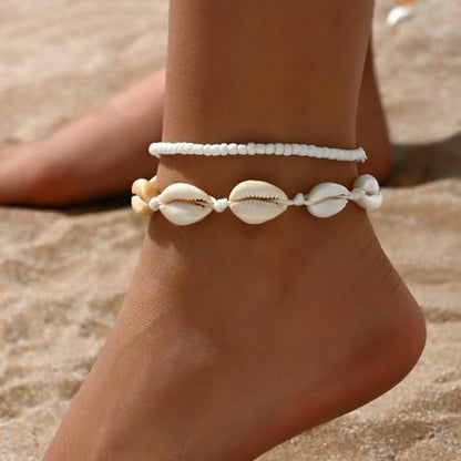 Qceasiy Starfish Ankle Bracelets for Women, Boho Beaded Beach Anklets Set | Gold-plated layered anklets in seashell, disc, and conch styles, with stretch or adjustable fits for summer beach outfits. - color: White 4
