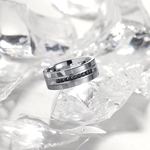 King Will Mens Tungsten Wedding Band with Cubic Zircon Inlay 7mm/8mm Flat Cut Comfort Fit Engagement Rings - color: Silver-8mm