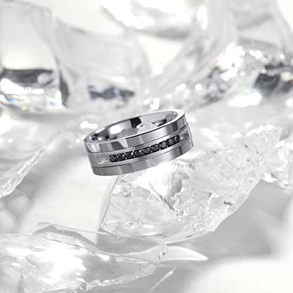 King Will Mens Tungsten Wedding Band with Cubic Zircon Inlay 7mm/8mm Flat Cut Comfort Fit Engagement Rings - color: Silver-8mm
