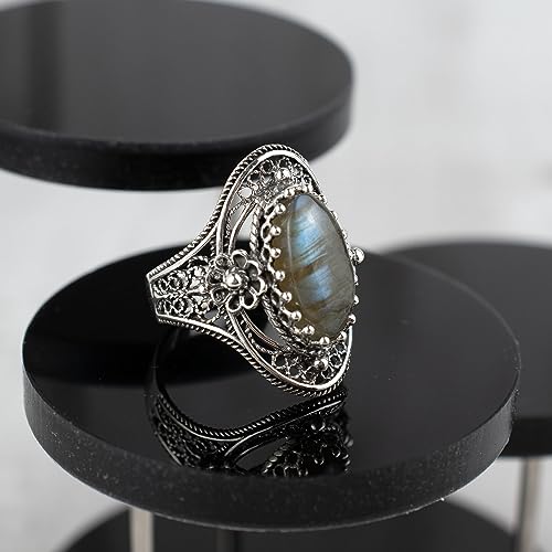 Filigranist 925 Sterling Silver Handcrafted Filigree Art Flower Pattern Woman Oval Statement Ring, Gift Boxed - color: Labradorite